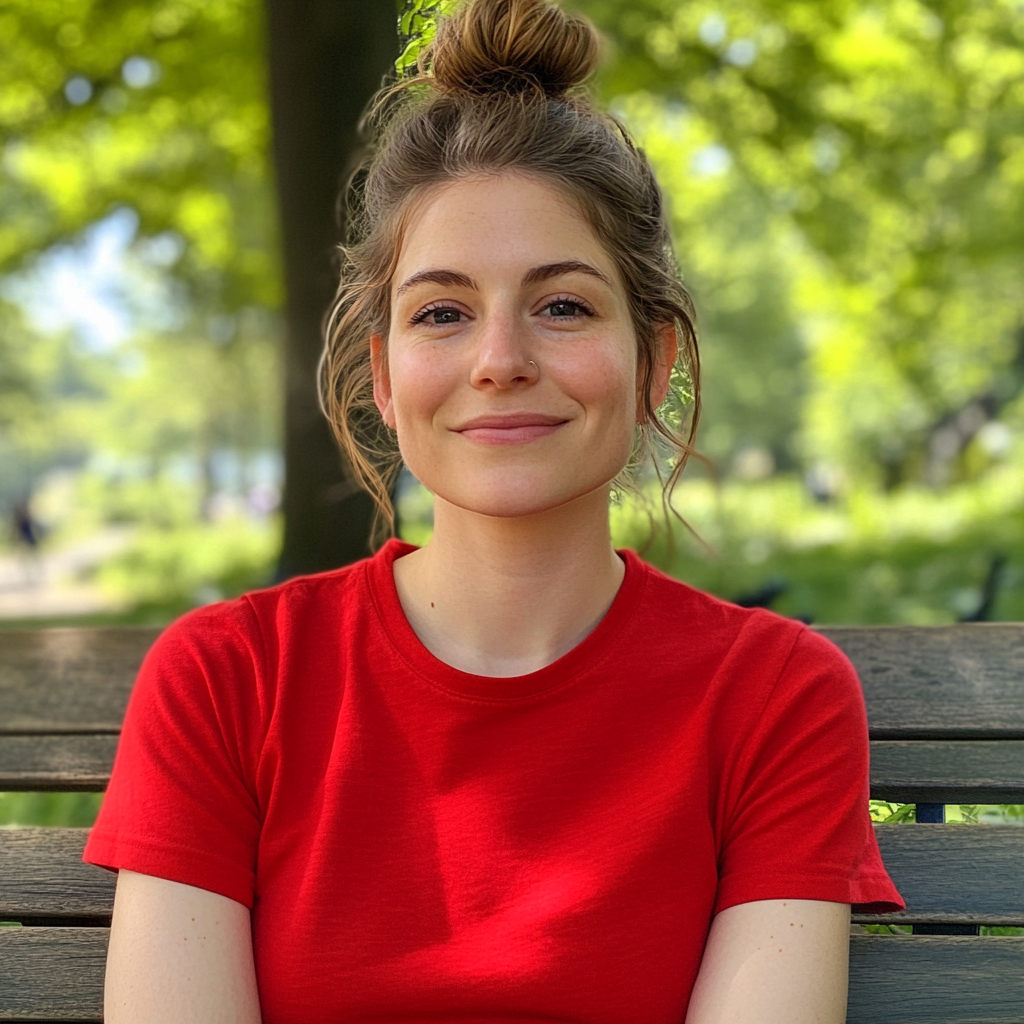 Une femme souriante assise à l'extérieur | Source : Midjourney