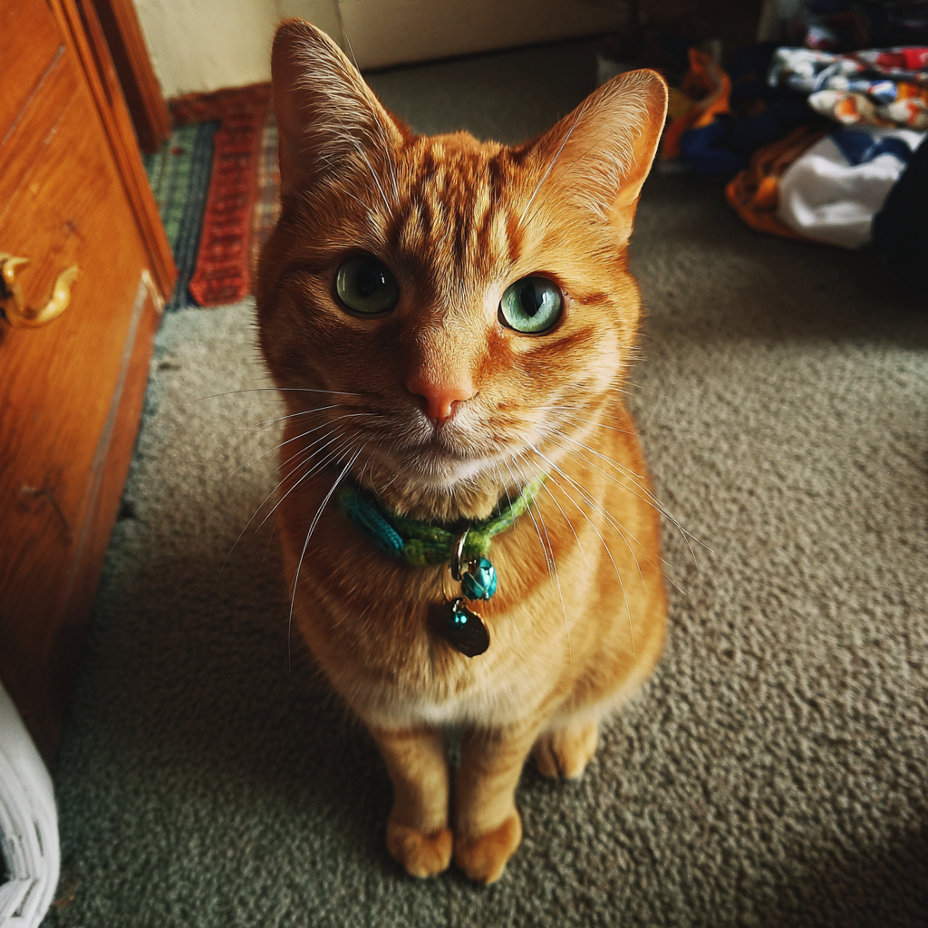 Un chat roux portant un collier vert | Source : Midjourney