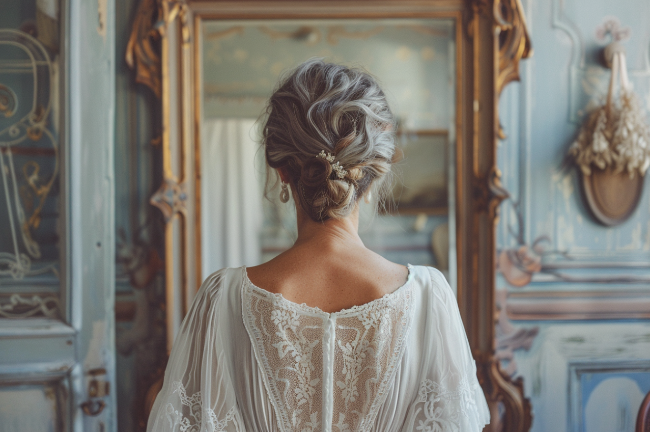 Une femme d'âge mûr qui regarde son reflet | Source : Midjourney