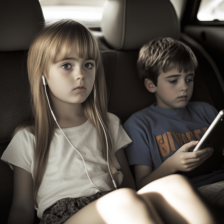 Deux enfants sur la banquette arrière d'une voiture | Source : Midjourney