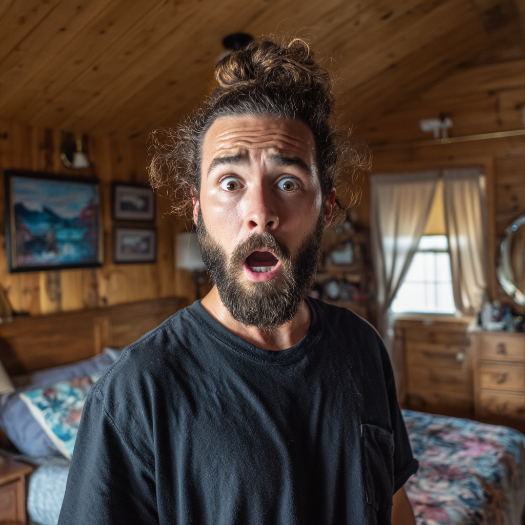 Un homme choqué se tenant dans une chambre de cabine | Source : Midjourney