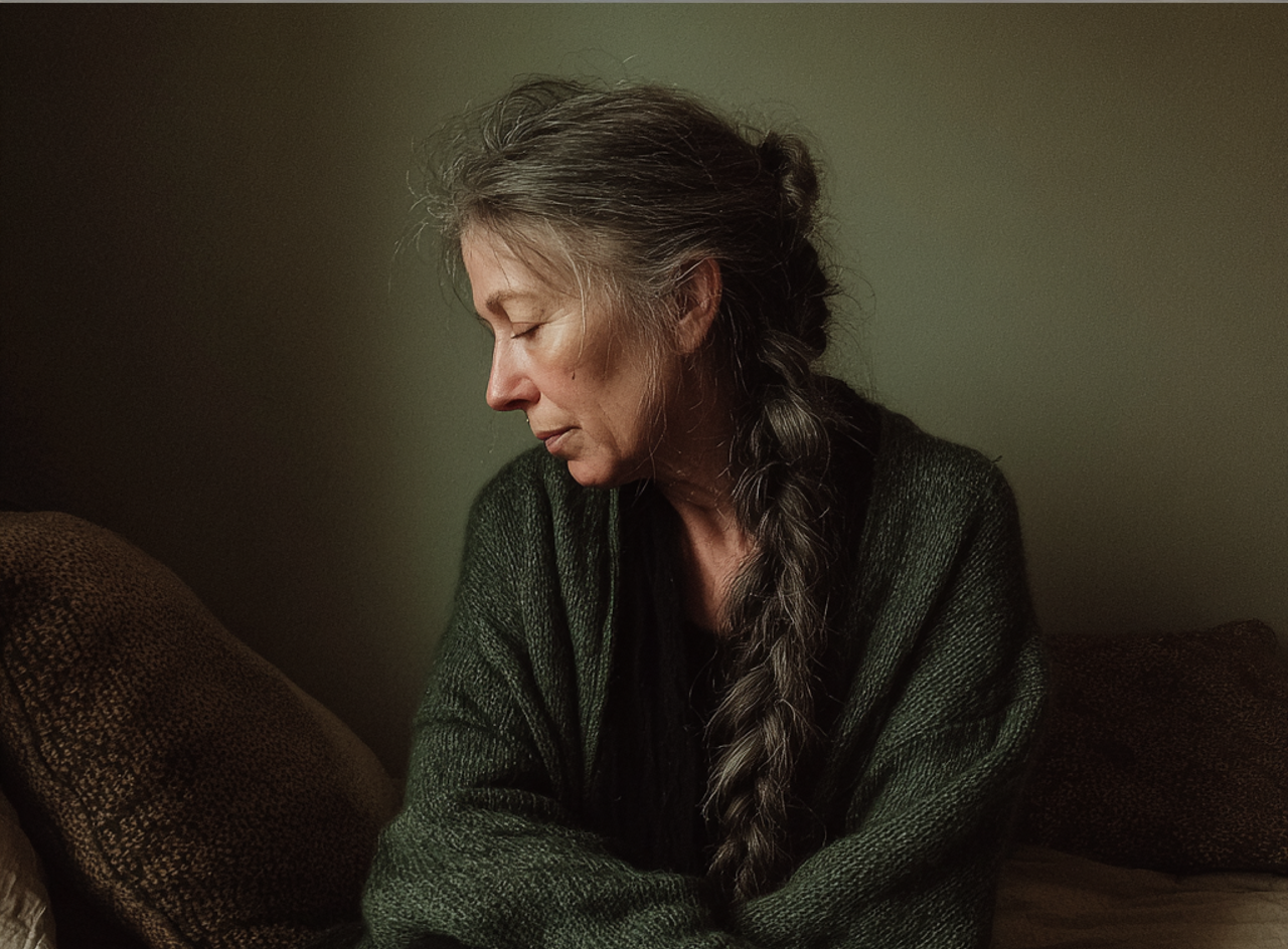 Une vieille femme fatiguée assise sur un lit | Source : Midjourney