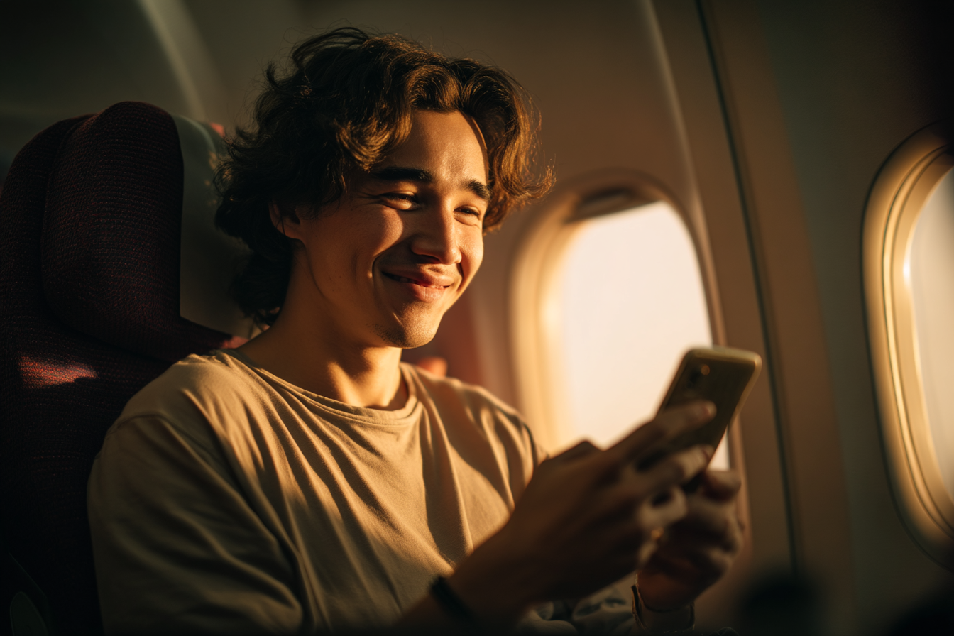 Un homme qui sourit en regardant son téléphone | Source : Midjourney