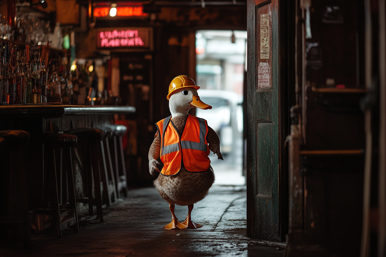 Un canard en uniforme d'ouvrier du bâtiment se dandine dans un bar | Source : Midjourney