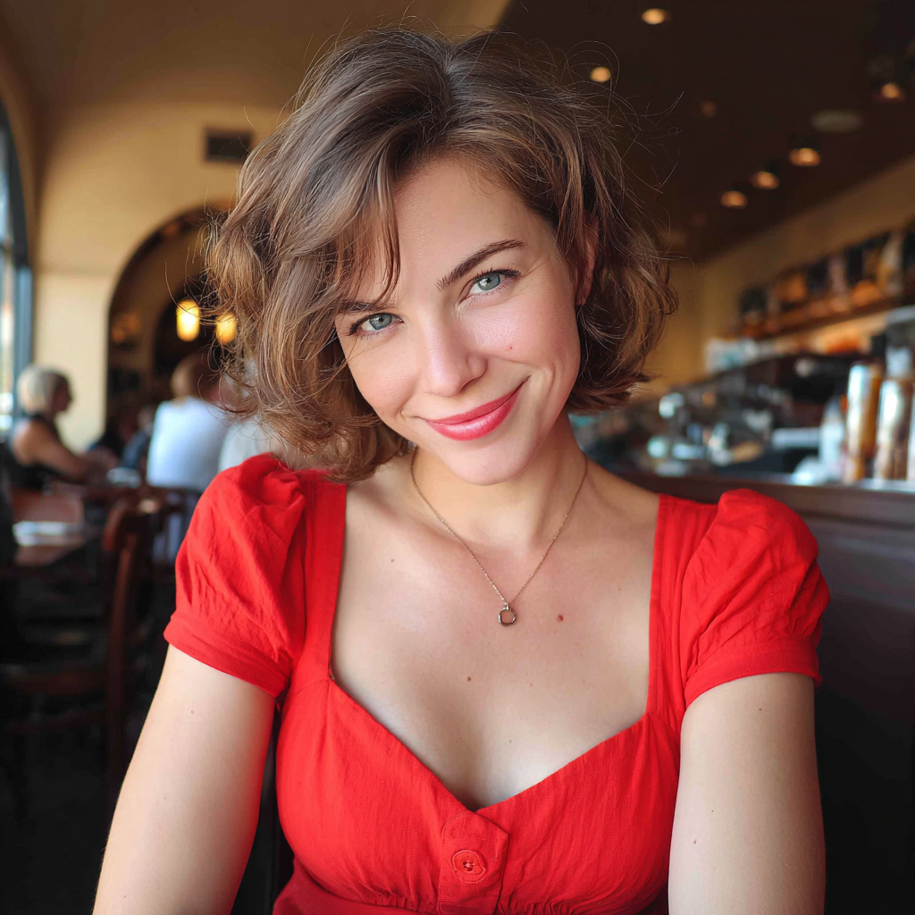 Une femme souriante assise à une table | Source : Midjourney