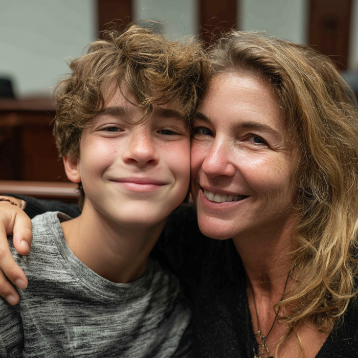 Une femme serrant son fils adolescent dans ses bras | Source : Midjourney