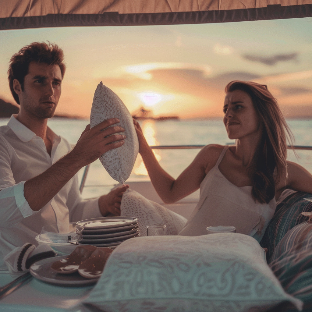 Un homme confus en regardant l'oreiller que sa femme lui a donné | Source : Midjourney