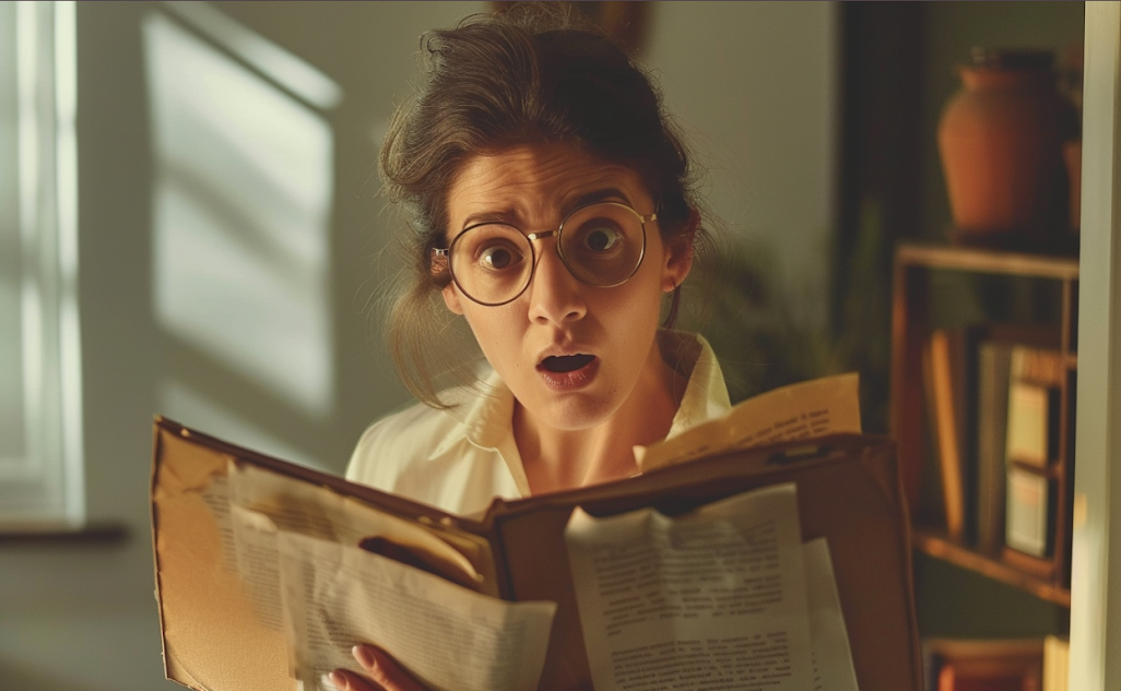 Une femme effrayée tenant un dossier | Source : Midjourney