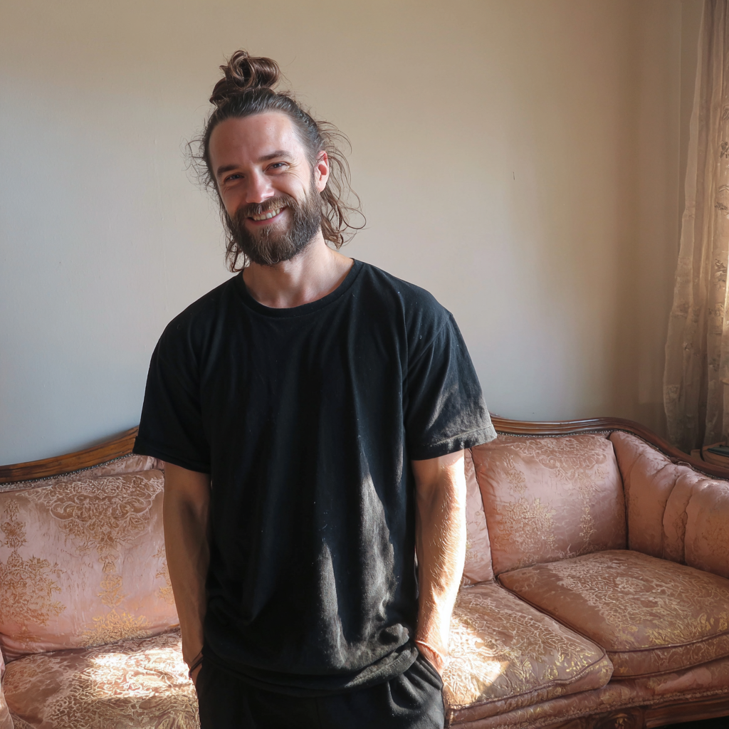 Un homme debout devant un canapé | Source : Midjourney