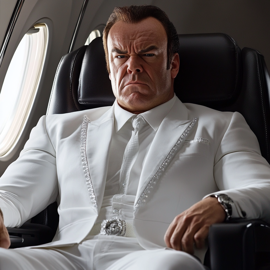 Un homme qui fronce les sourcils, assis dans un avion | Source : Midjourney