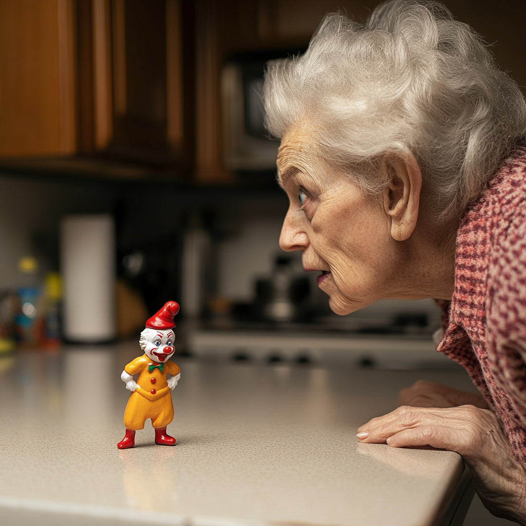 Laura trouve une figurine de clown sur le comptoir de sa cuisine. | Source : Midjourney