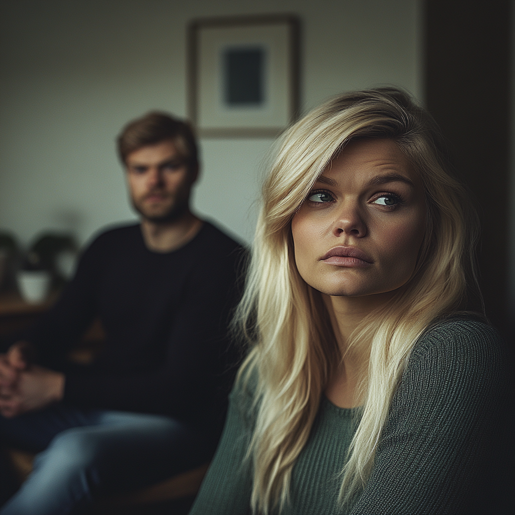 Une femme avec un homme à l'arrière-plan | Source : Midjourney