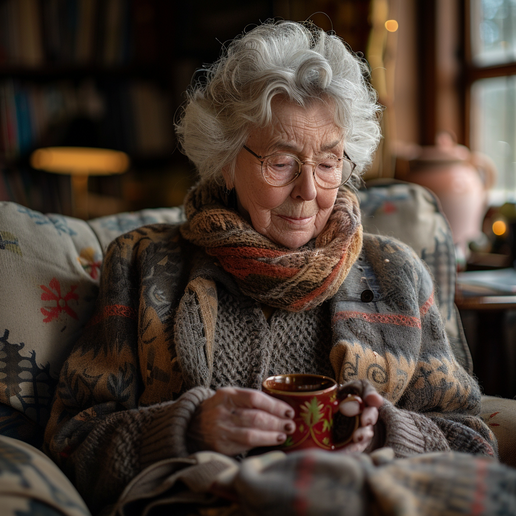 Une femme âgée avec une tasse | Source : Midjourney