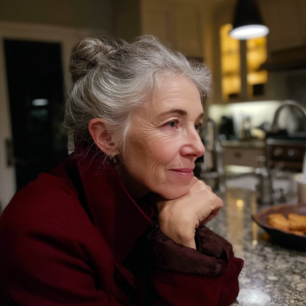 Une femme âgée souriante assise à une table de cuisine | Source : Midjourney