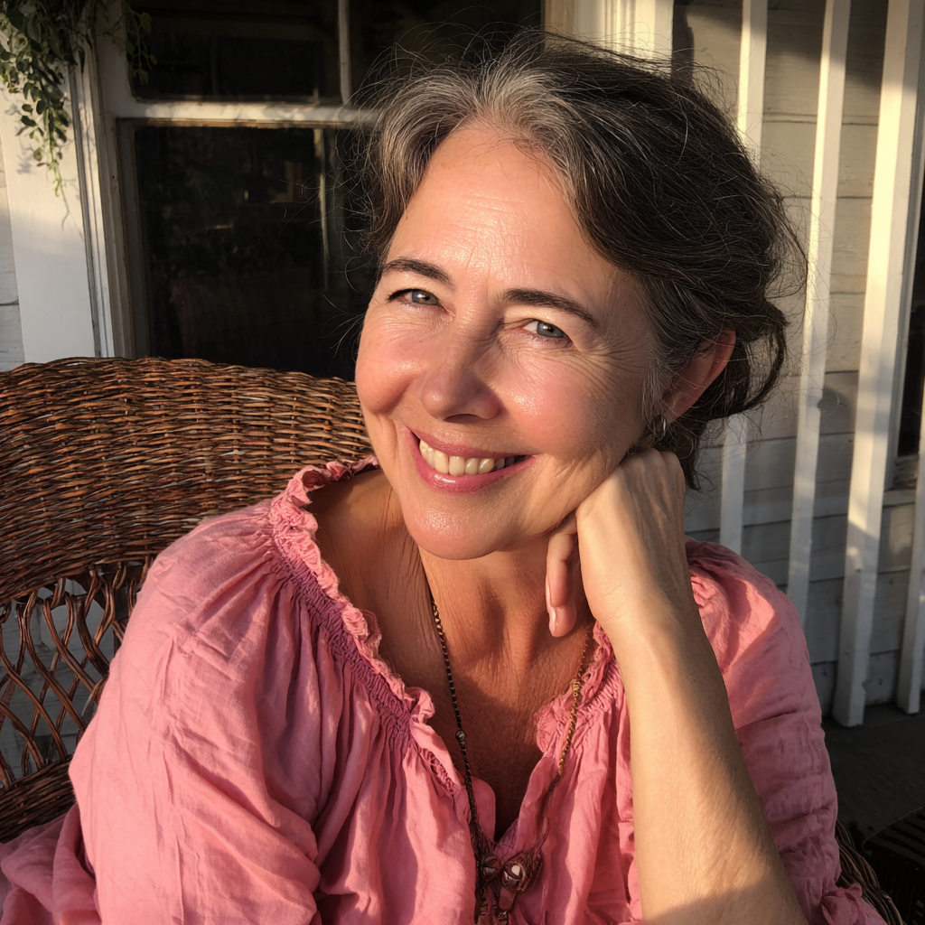 Une femme âgée souriante assise sous un porche | Source : Midjourney