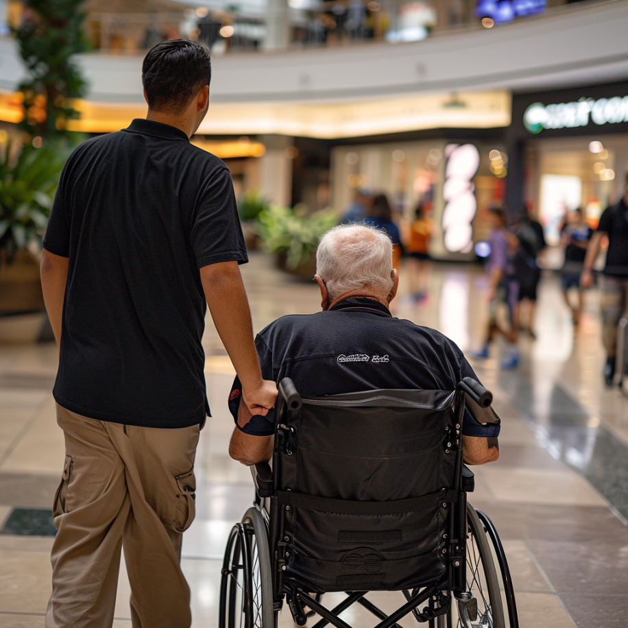 Vue arrière d'un serveur de restaurant debout à côté d'un homme âgé handicapé dans un centre commercial. | Source : Midjourney