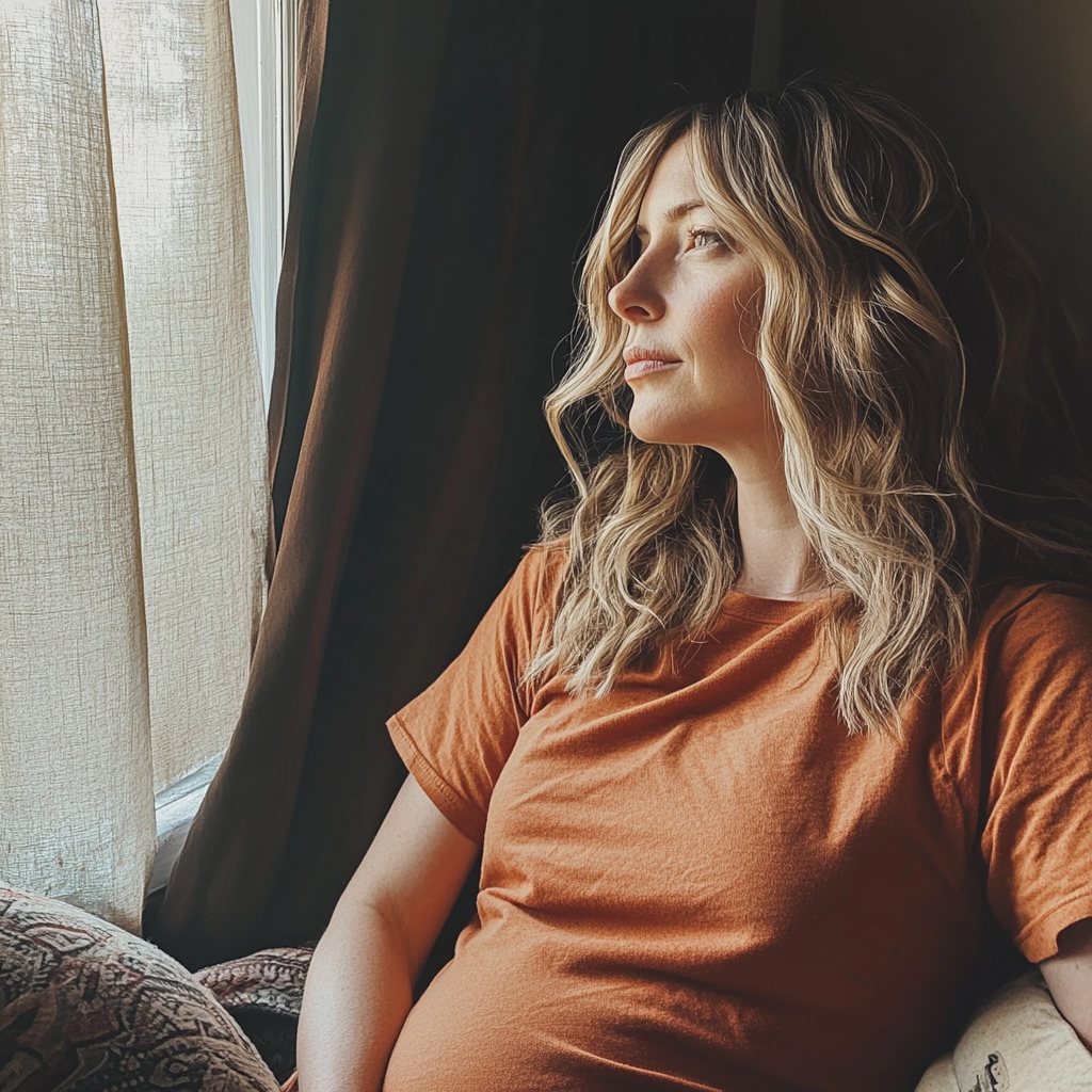 Une femme enceinte assise sur un canapé et regardant par la fenêtre | Source : Midjourney