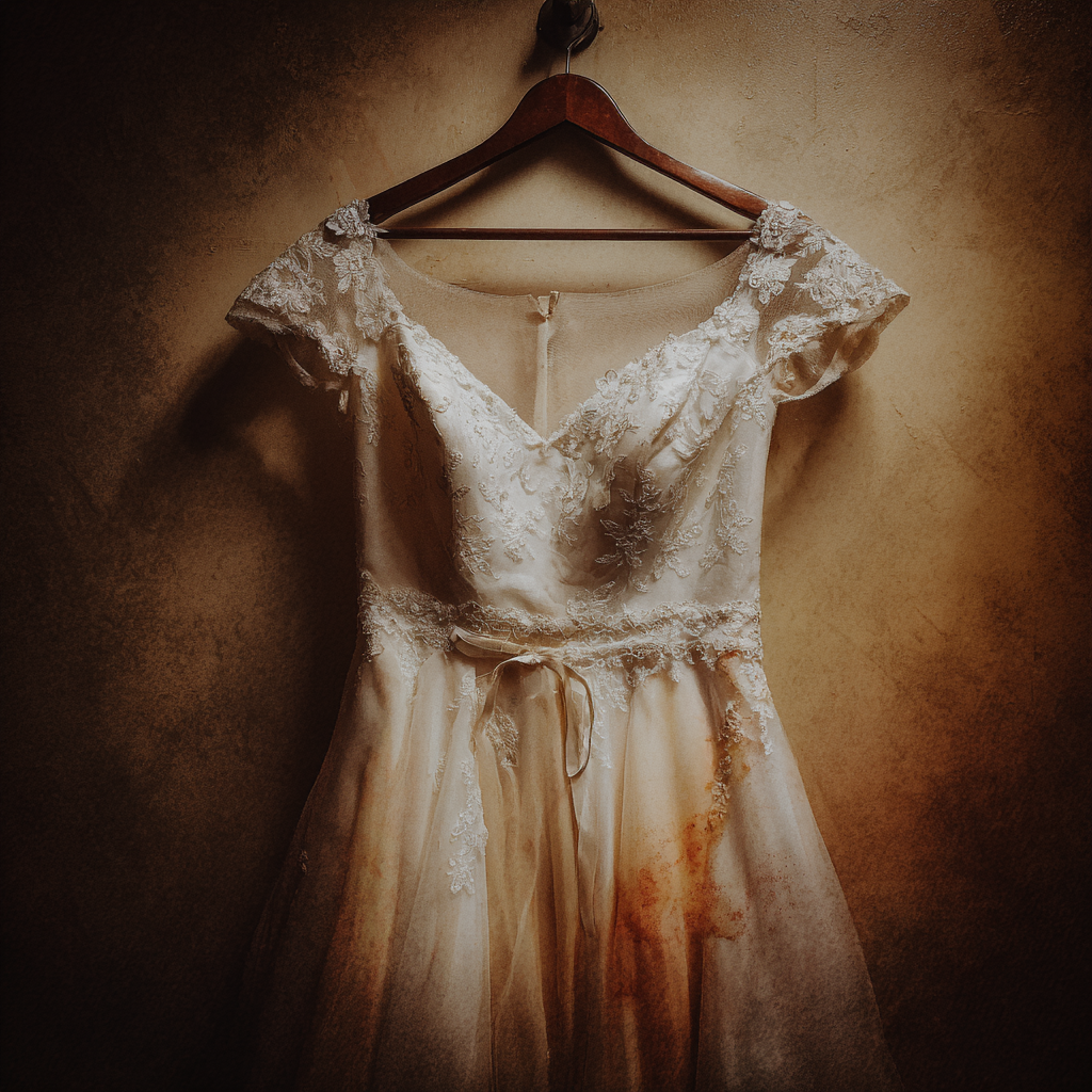 Gros plan sur une robe de mariée abîmée | Source : Midjourney