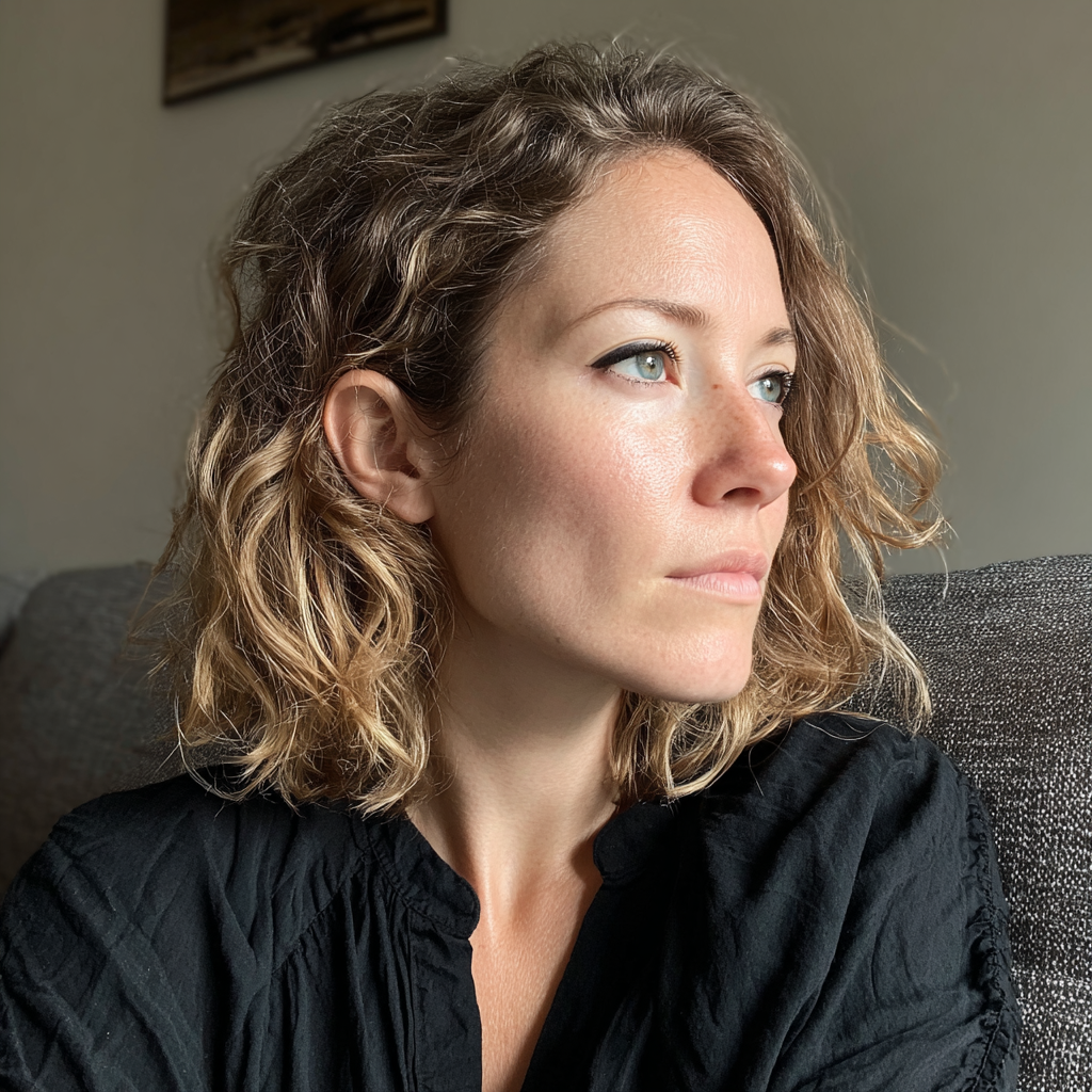 Une femme pensive assise sur un canapé | Source : Midjourney