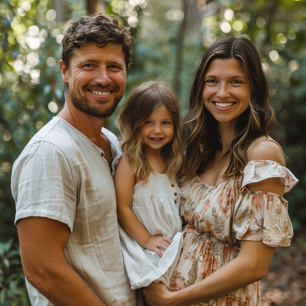 Un homme posant avec sa femme enceinte et leur petite fille | Source : Midjourney