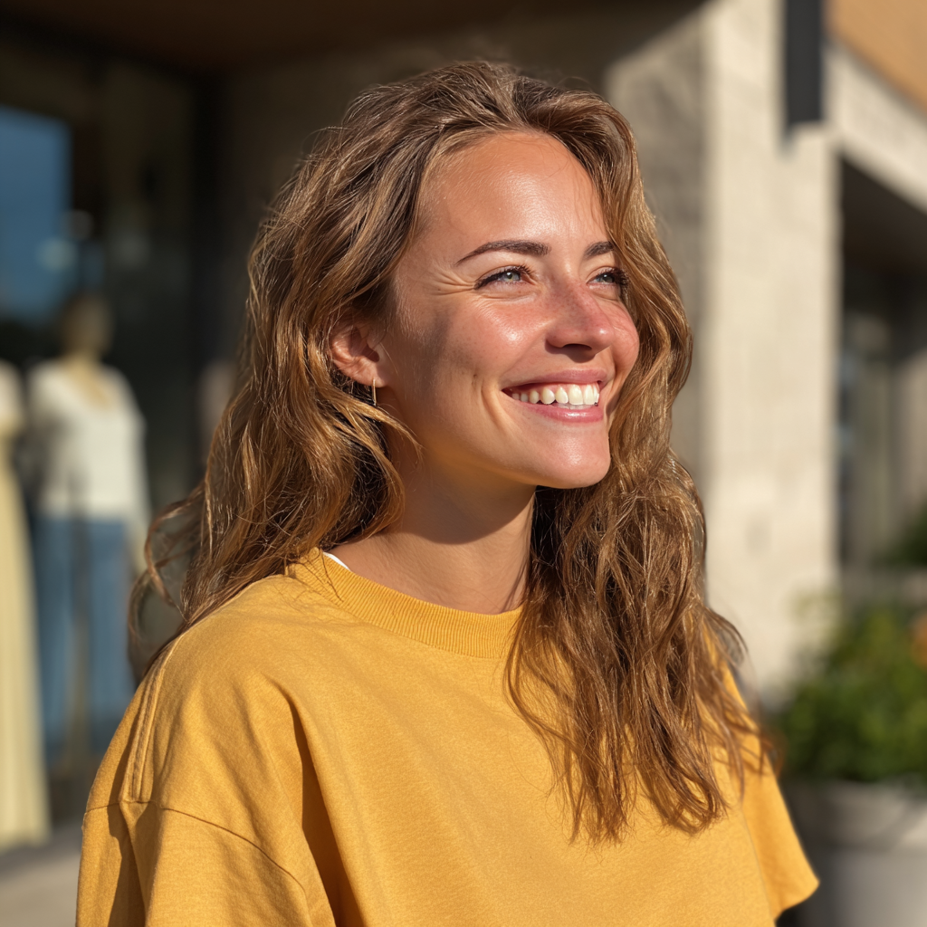 Une femme souriante à l'extérieur de la maison I Source : Midjourney