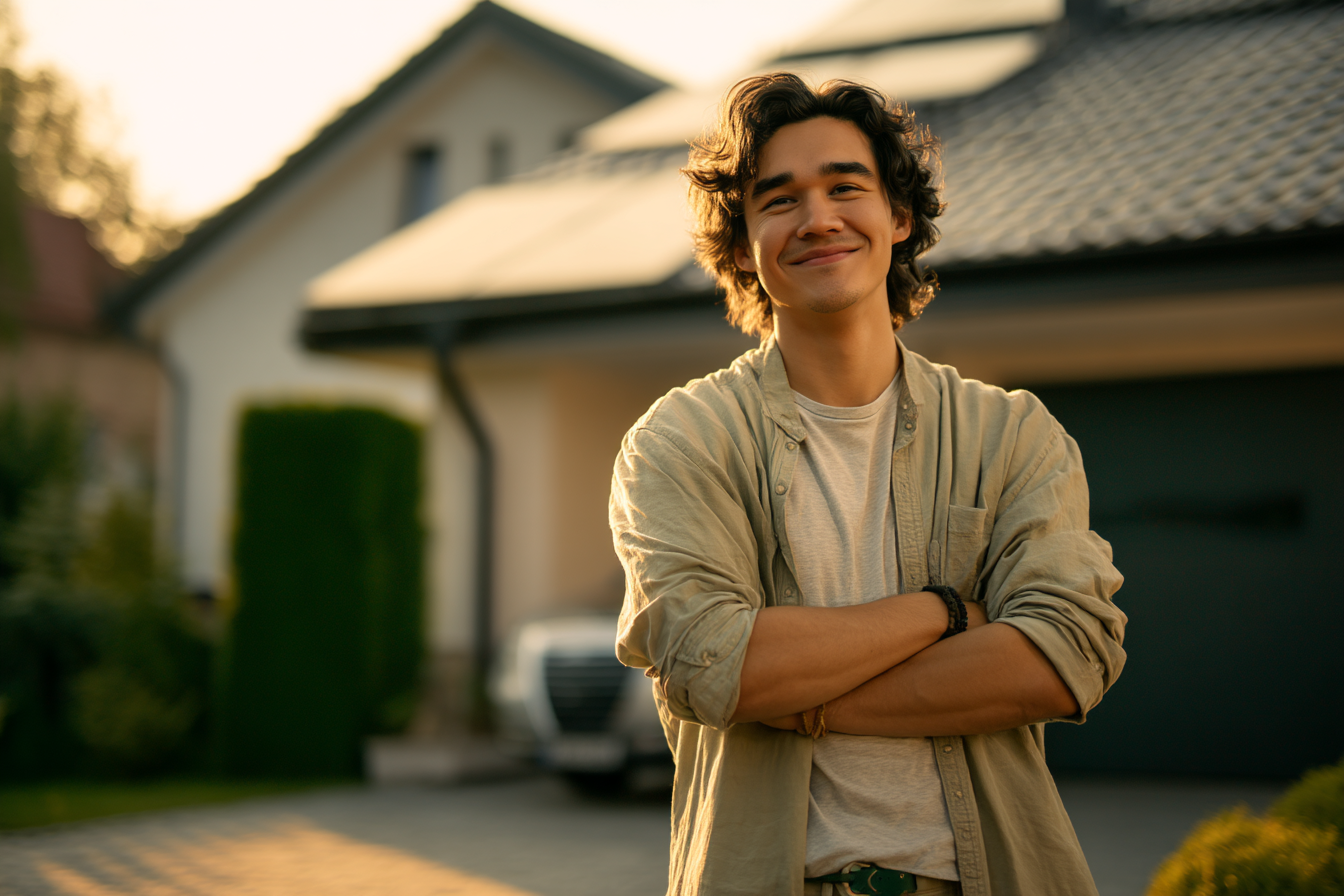 Un homme debout devant sa maison | Source : Midjourney