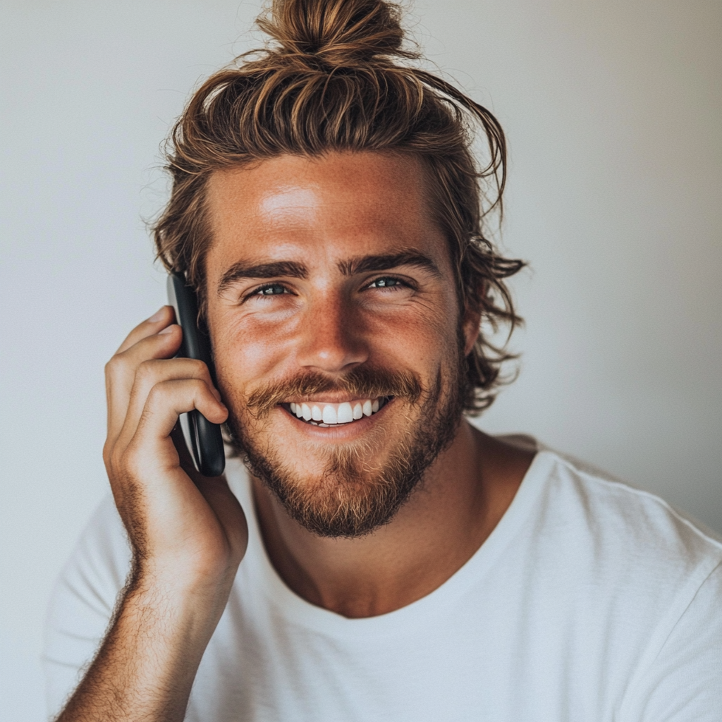 Un homme souriant qui parle au téléphone | Source : Midjourney