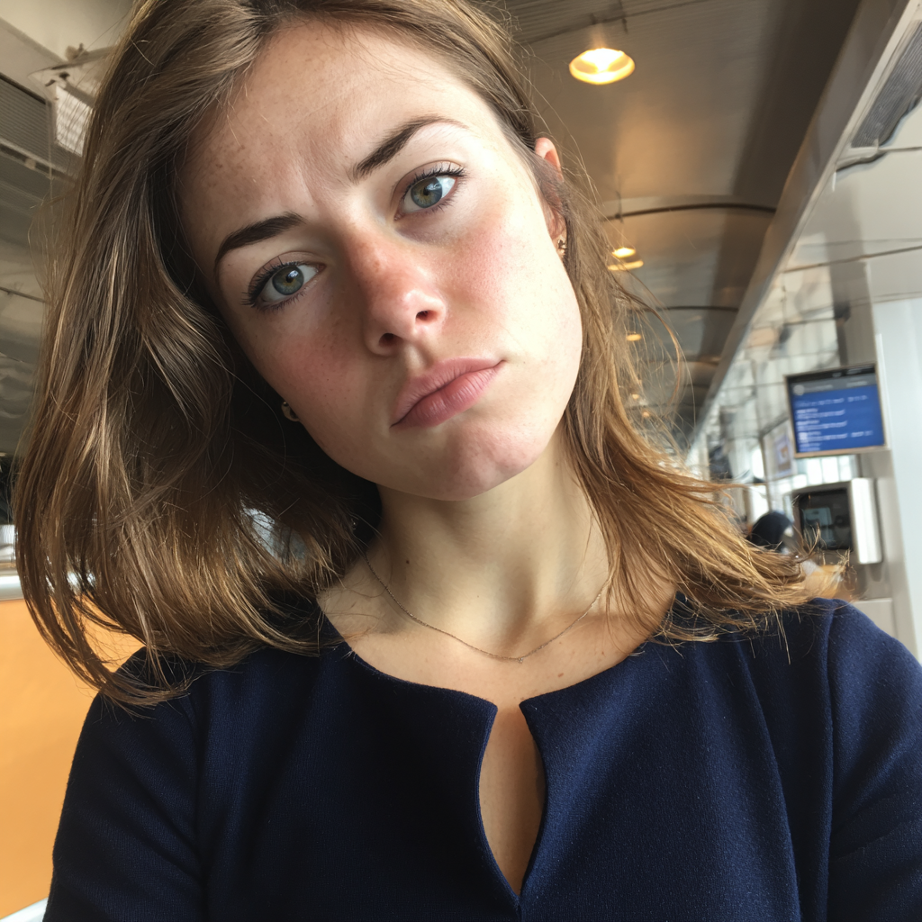 Gros plan sur une femme bouleversée dans un aéroport | Source : Midjourney