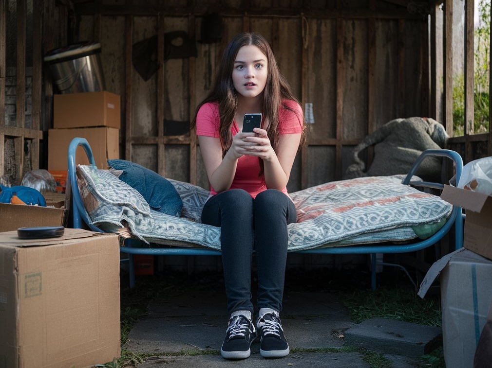 Une fille qui regarde son téléphone portable, assise sur un lit de camp | Source : Midjourney
