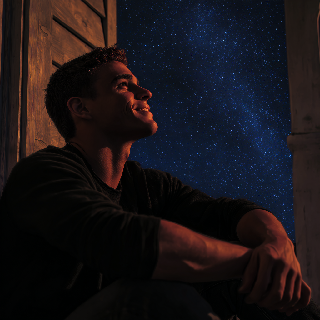 Un jeune homme observant le ciel nocturne avec émerveillement et joie | Source : Midjourney