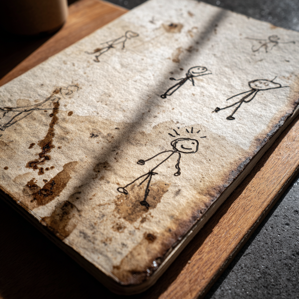 Un petit carnet robuste avec des dessins en forme de bâton et des pages tachées de vin | Source : Midjourney