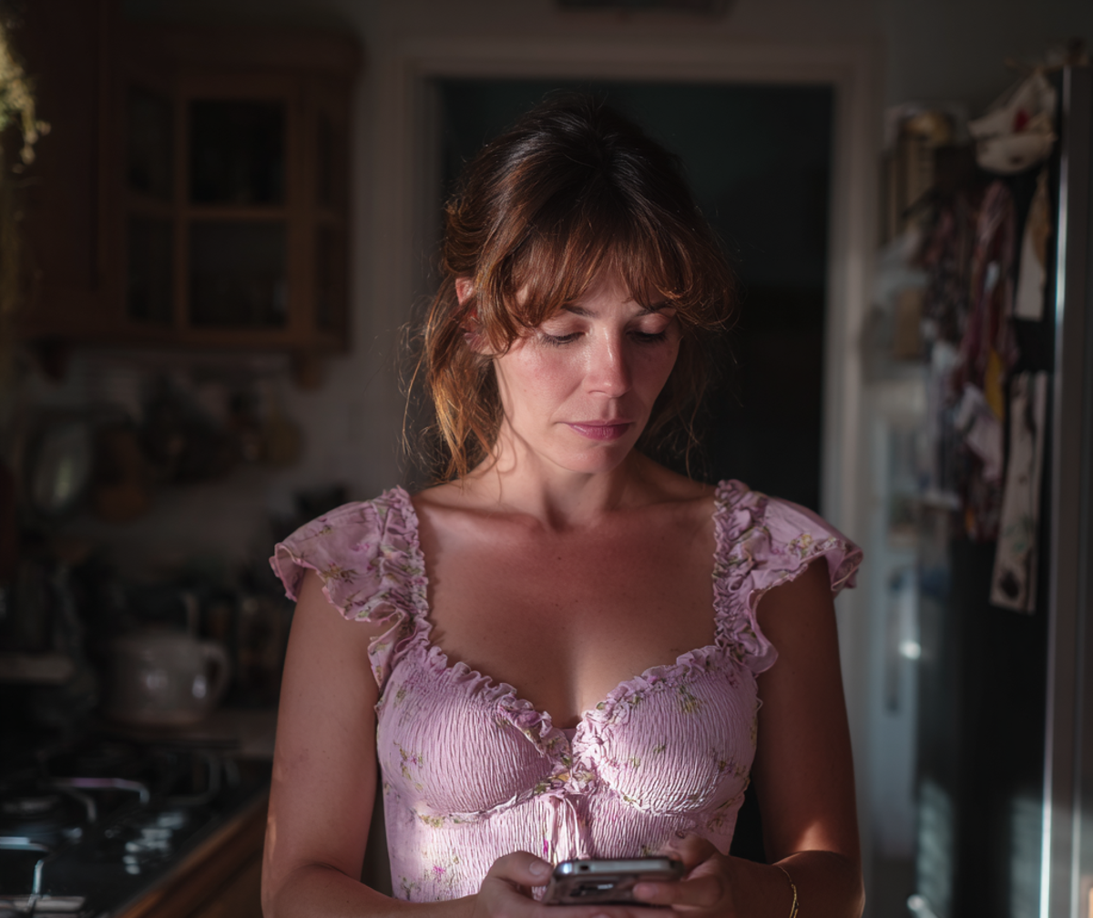 Une femme debout dans une cuisine et envoyant des SMS | Source : Midjourney