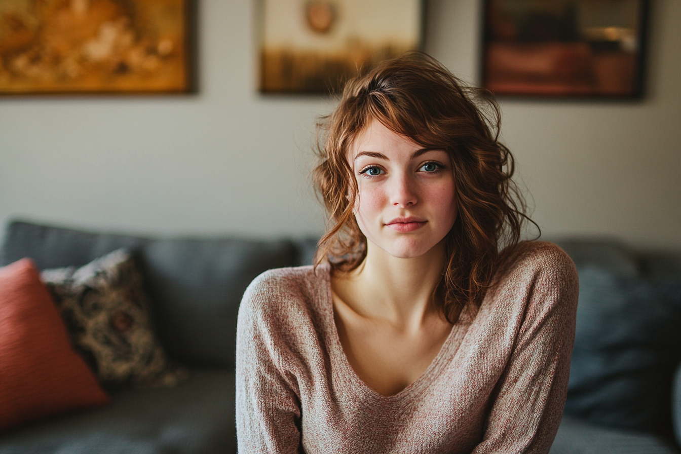 Une femme dans un salon avec un air pensif sur le visage | Source : Midjourney