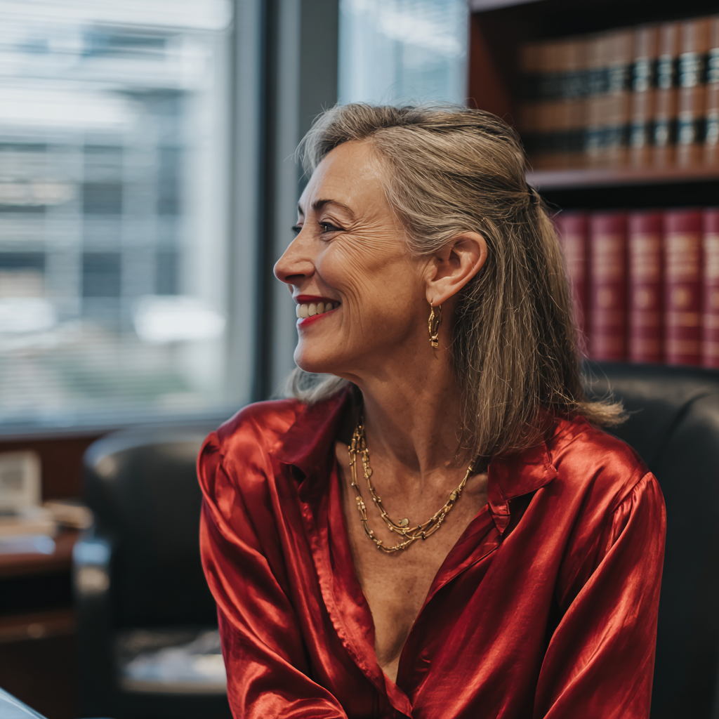 Une femme amusée portant un chemisier rouge | Source : Midjourney