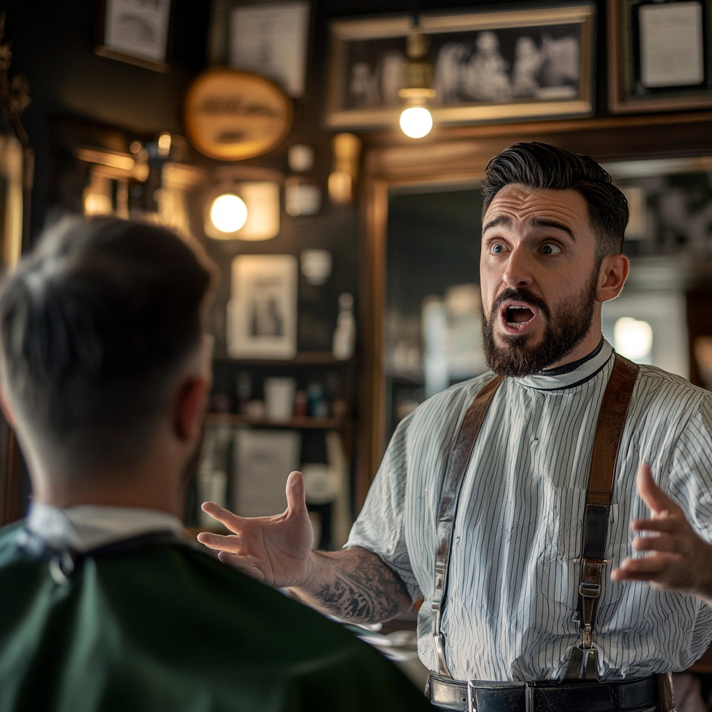 Un barbier choqué qui parle à son client | Source : Midjourney