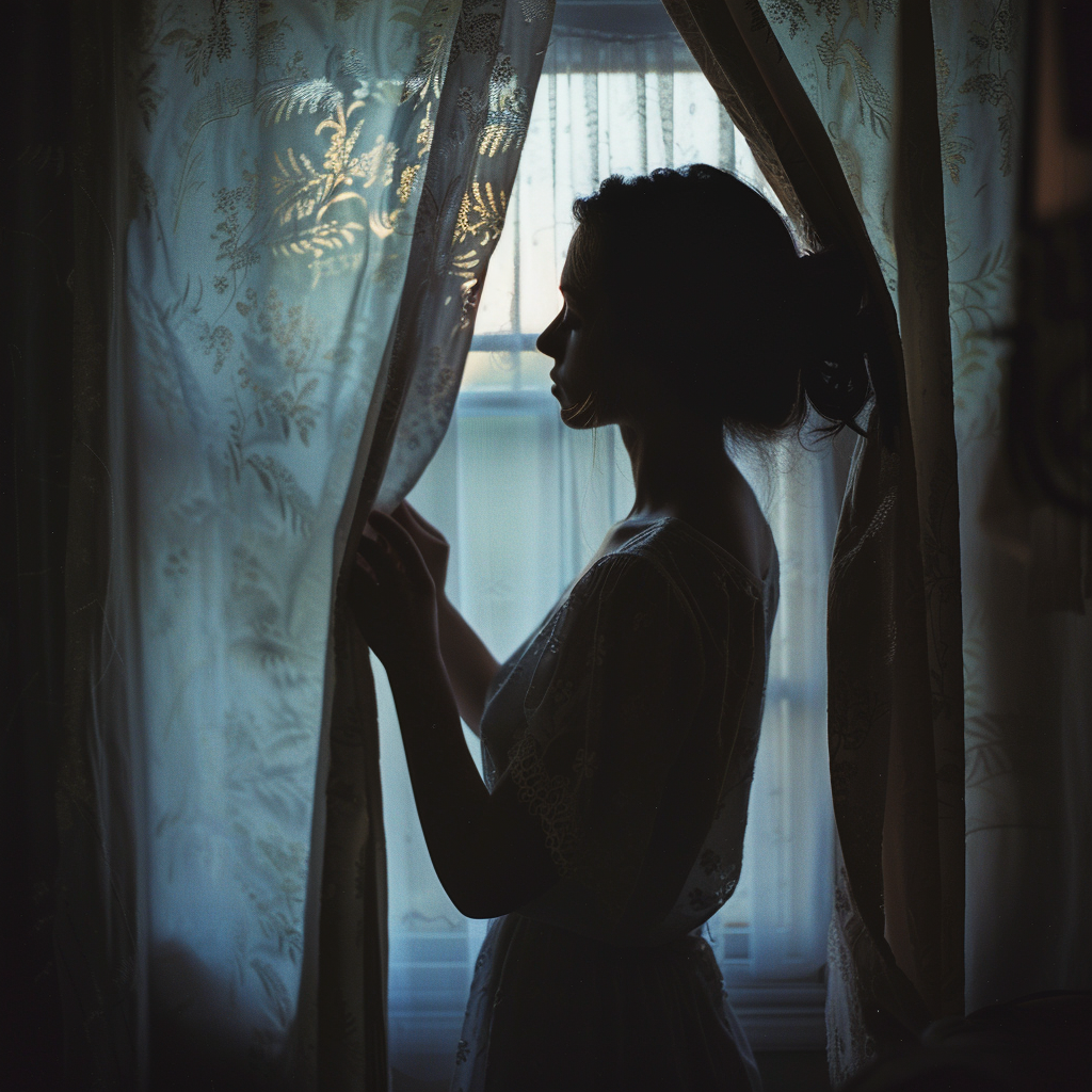 La jeune femme qui ouvre les rideaux | Source : Midjourney