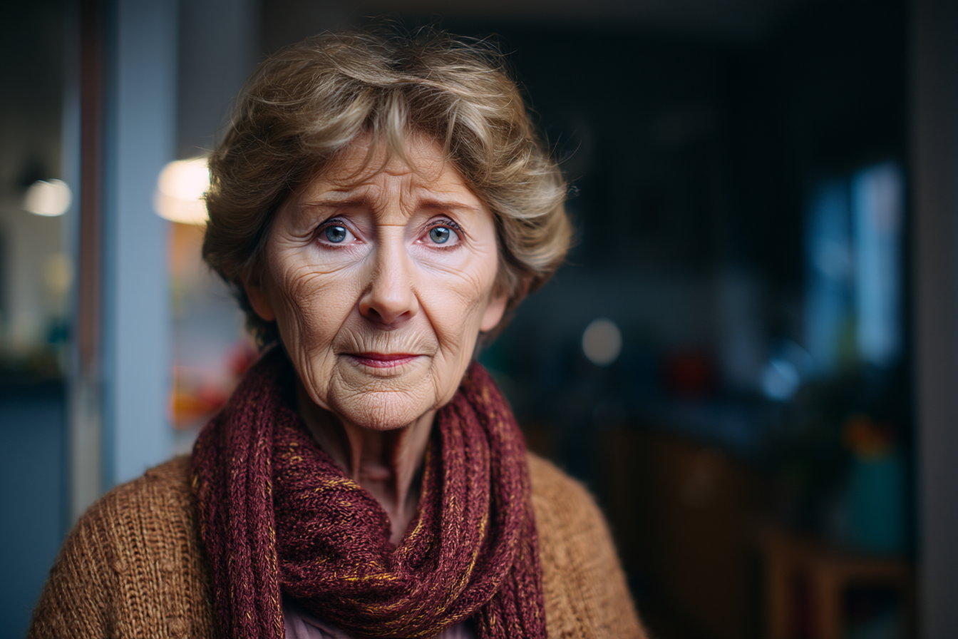 Une femme âgée qui regarde droit devant elle | Source : Midjourney
