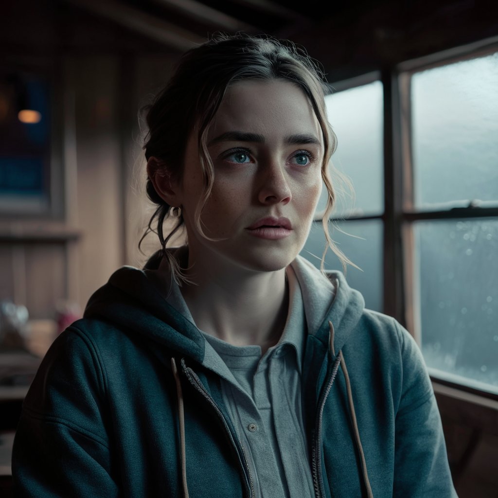 Une jeune femme à l'air pensif à l'intérieur d'une cabane en bois | Source : Midjourney