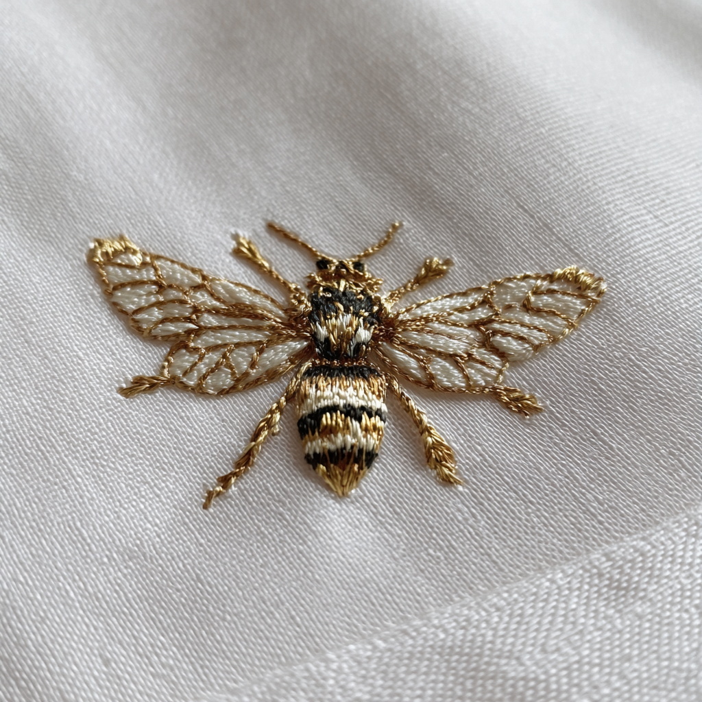 Gros plan sur une abeille brodée | Source : Midjourney