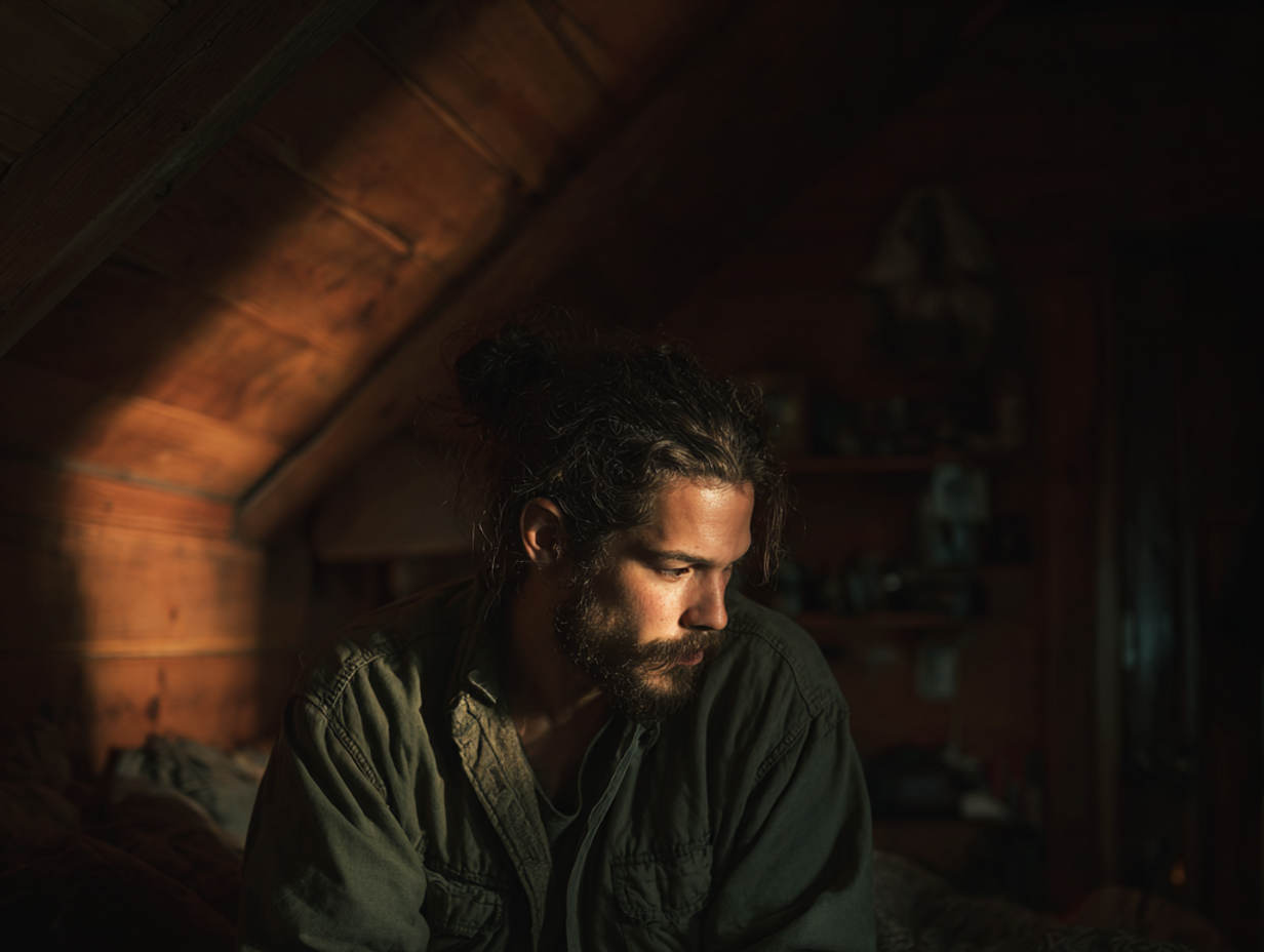 Un homme assis sur un lit avec des cheveux en désordre | Source : Midjourney