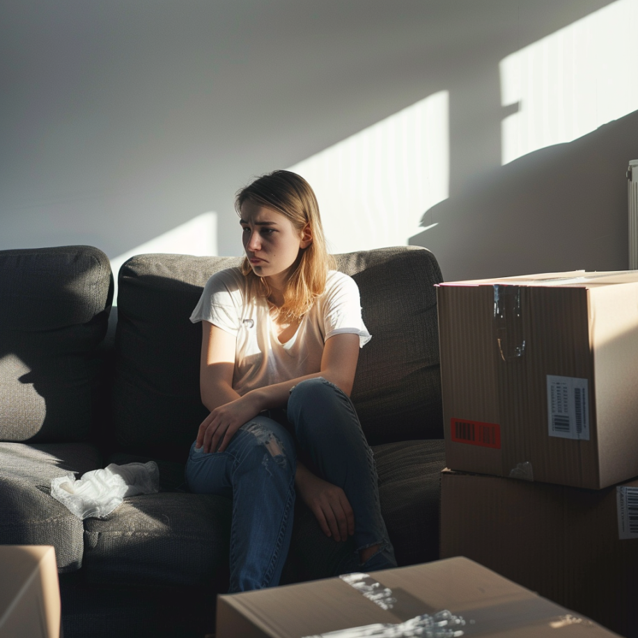 Une femme assise seule sur un canapé contemple quelque chose avec des boîtes en carton autour d'elle. Source : Midjourney