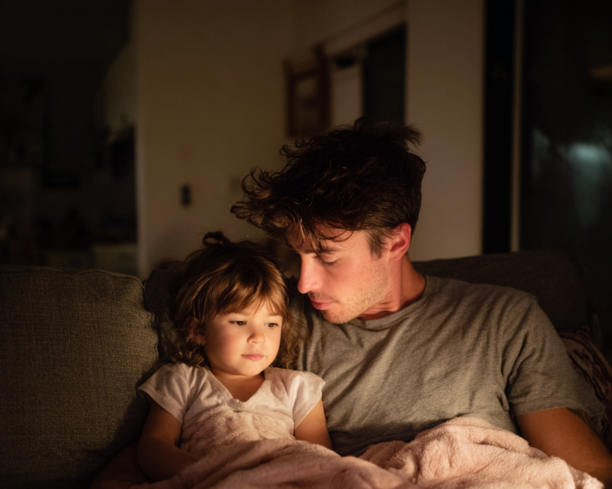 Un homme assis sur un canapé avec sa fille | Source : Midjourney