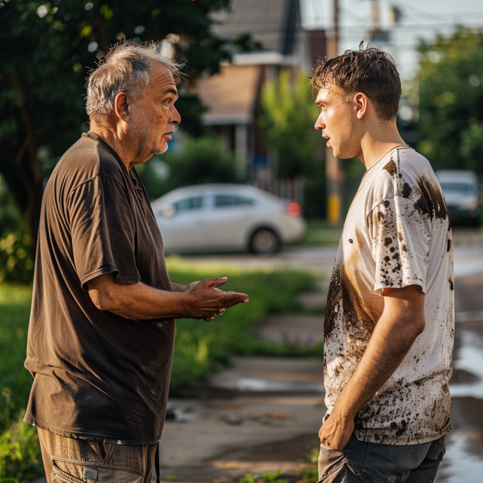 Un homme âgé réprimande un jeune homme aux vêtements maculés de boue | Source : Midjourney