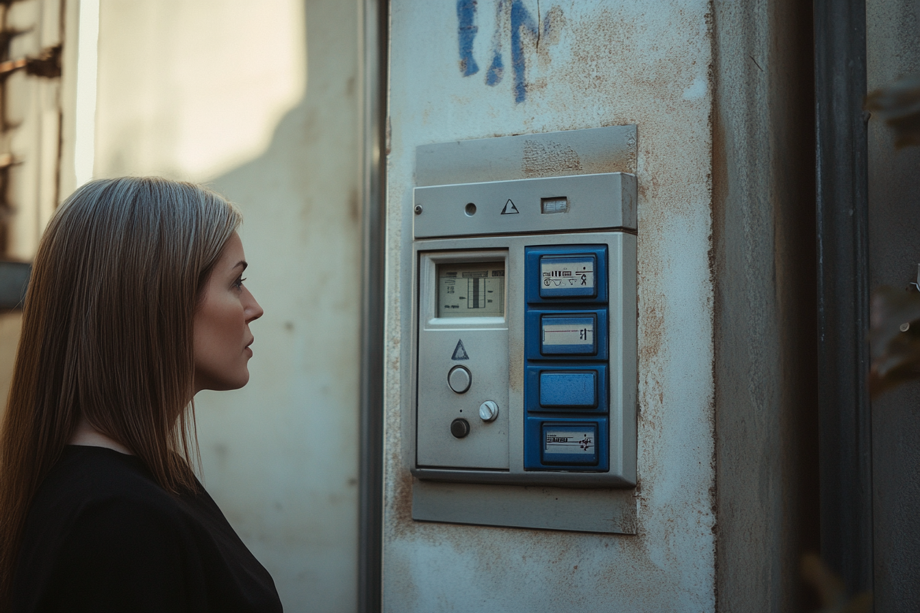 Une femme qui parle dans l'interphone d'un immeuble | Source : Midjourney