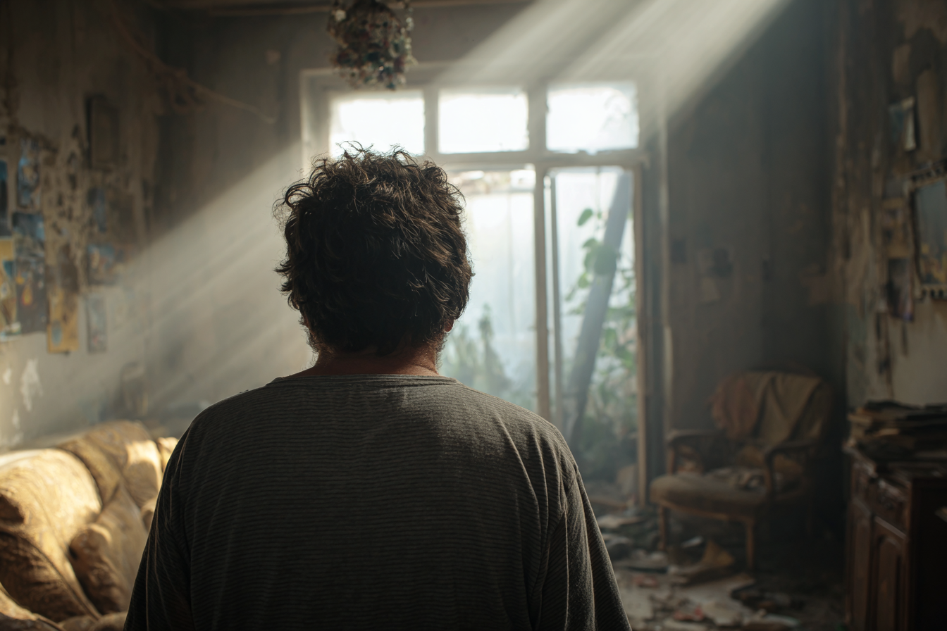 Un homme debout dans un vieil appartement | Source : Midjourney