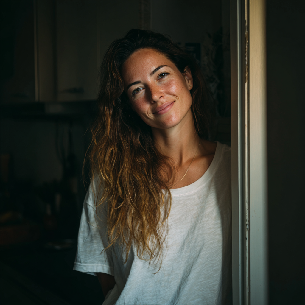 Une femme souriante se tenant près de la porte | Source : Midjourney