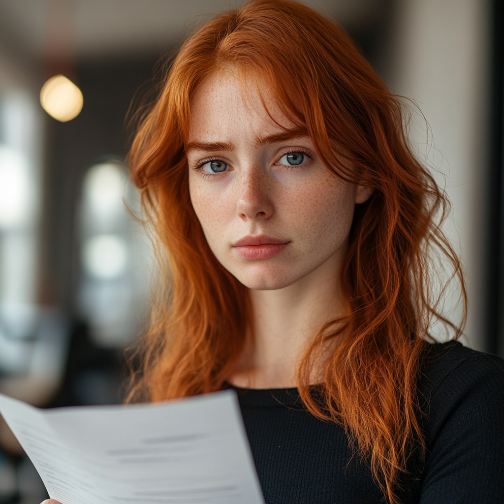 Une femme triste tenant un document | Source : Midjourney