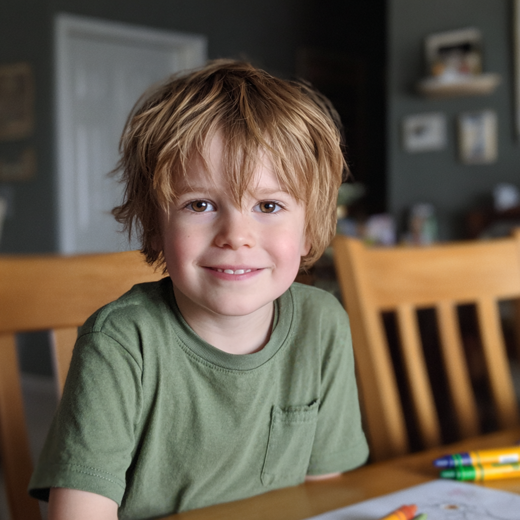 Un petit garçon heureux assis à une table avec des crayons de couleur | Source : Midjourney