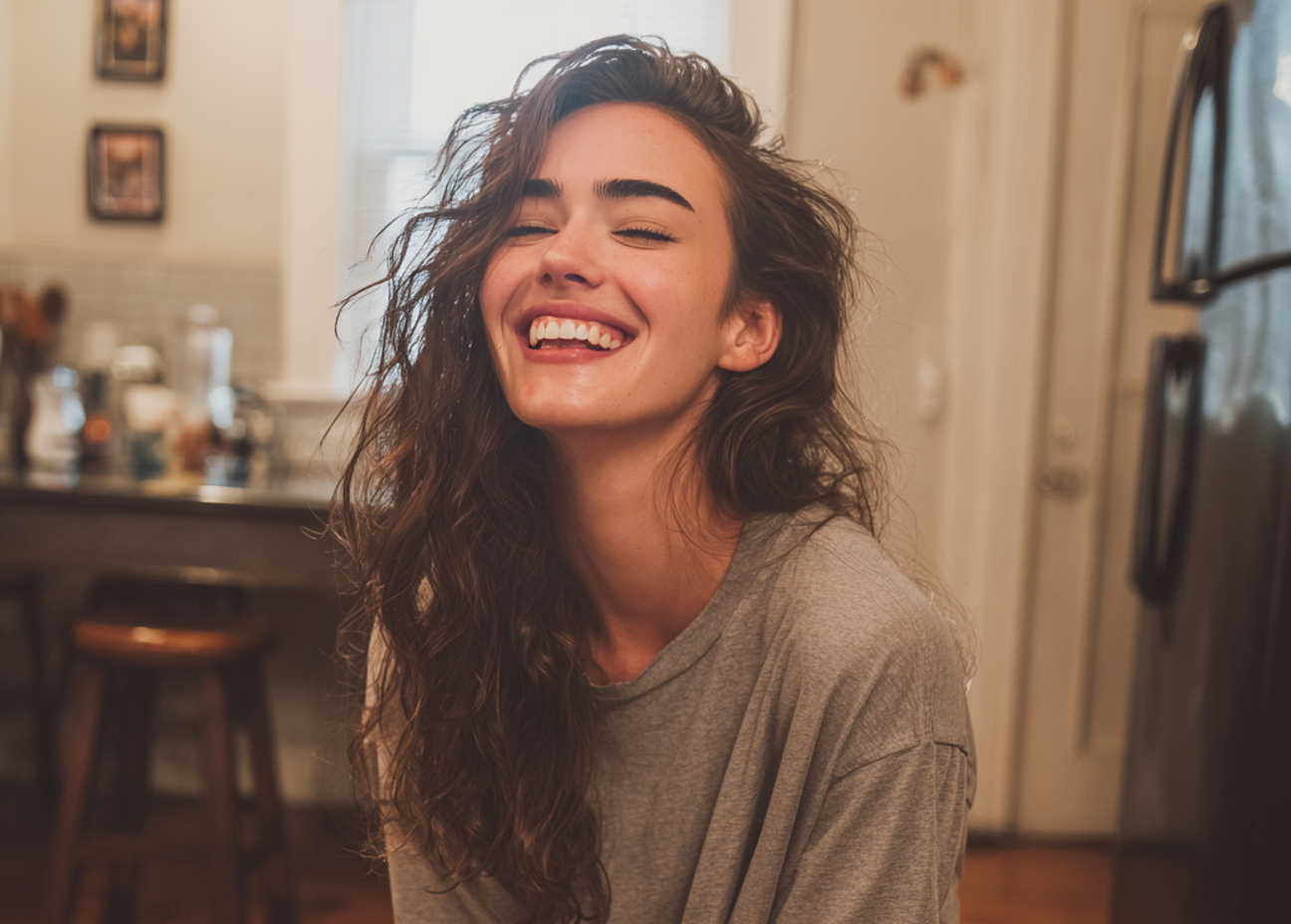 Gros plan sur une femme qui rit | Source : Midjourney