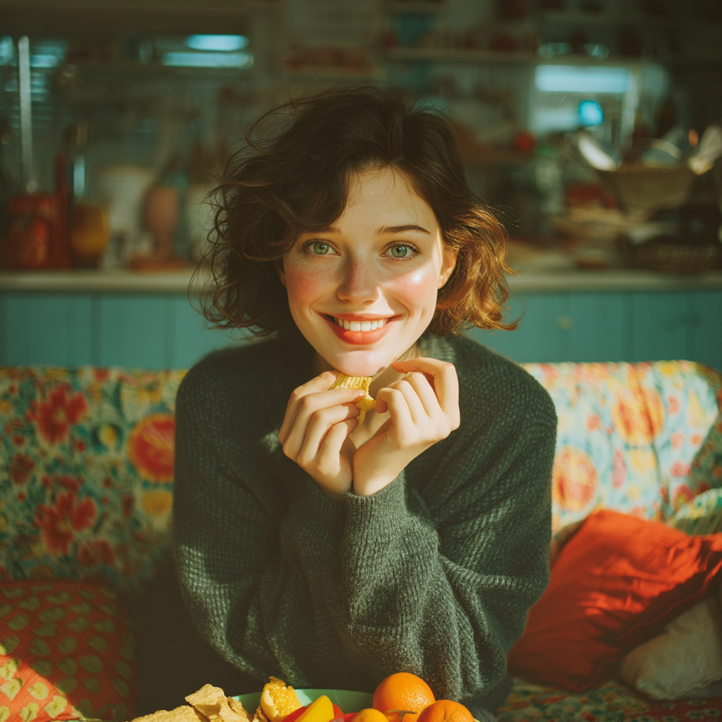 Une femme heureuse mangeant des snacks | Source : Midjourney